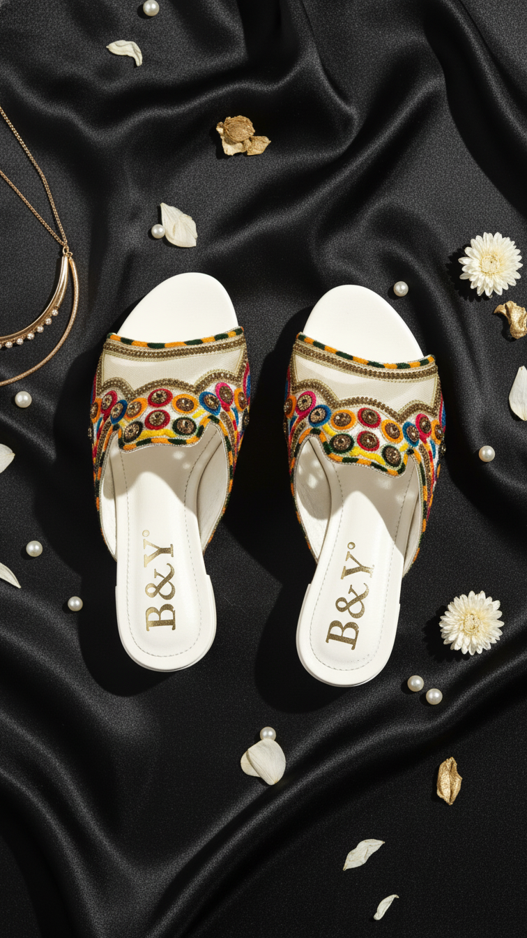 A pair of colorful, patterned sandals with the brand name "B&Y" printed on them, placed on a black background with scattered pearls and white flowers.