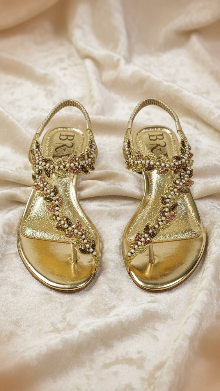 A pair of gold sandals with beaded embellishments, placed on a white fabric background.
