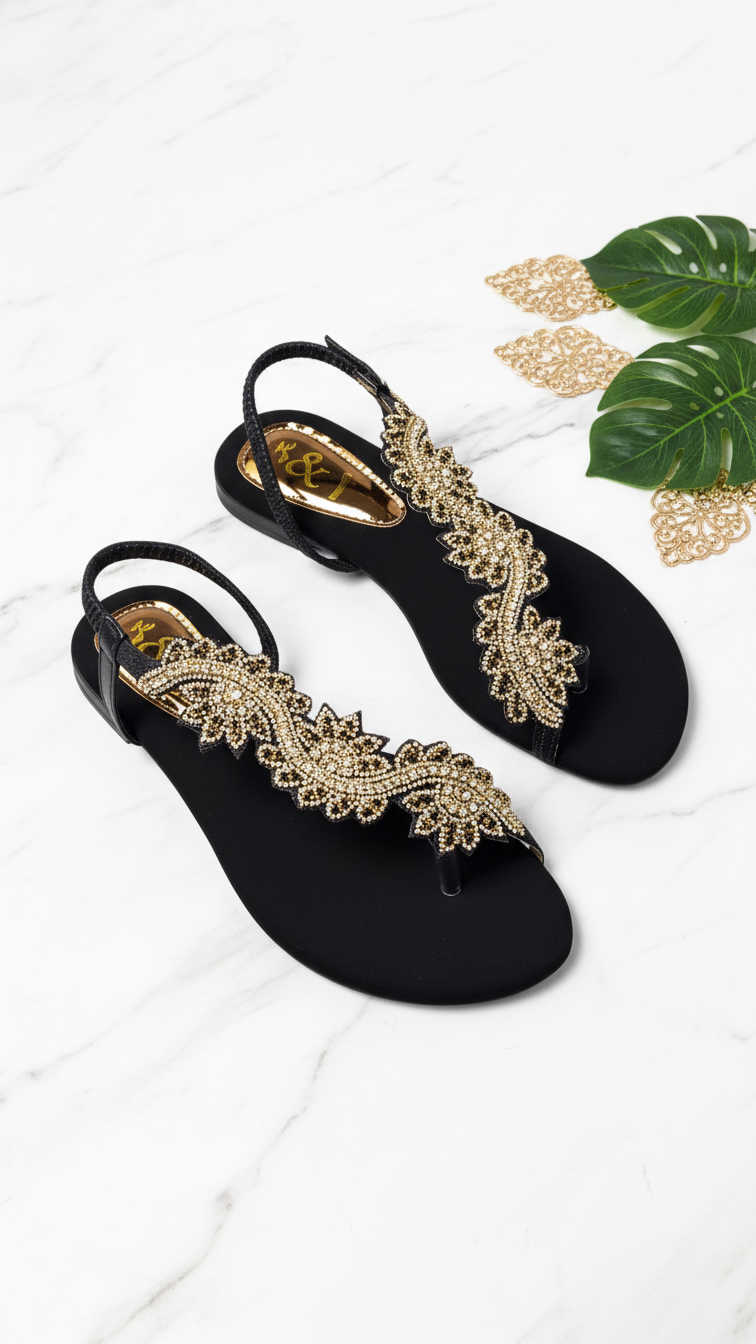 A pair of black sandals with gold embellishments, placed on a white marble surface alongside some green leaves.