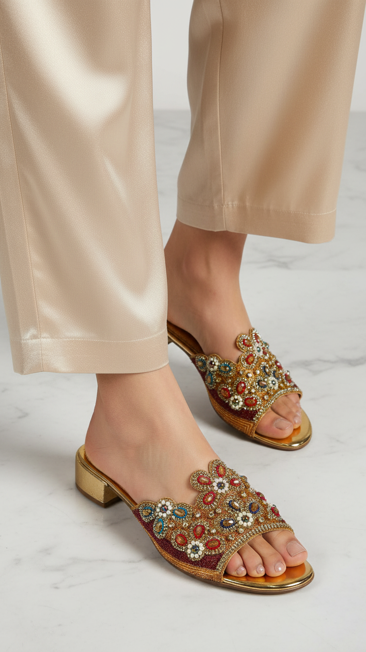 A pair of gold sandals with colorful floral embellishments.