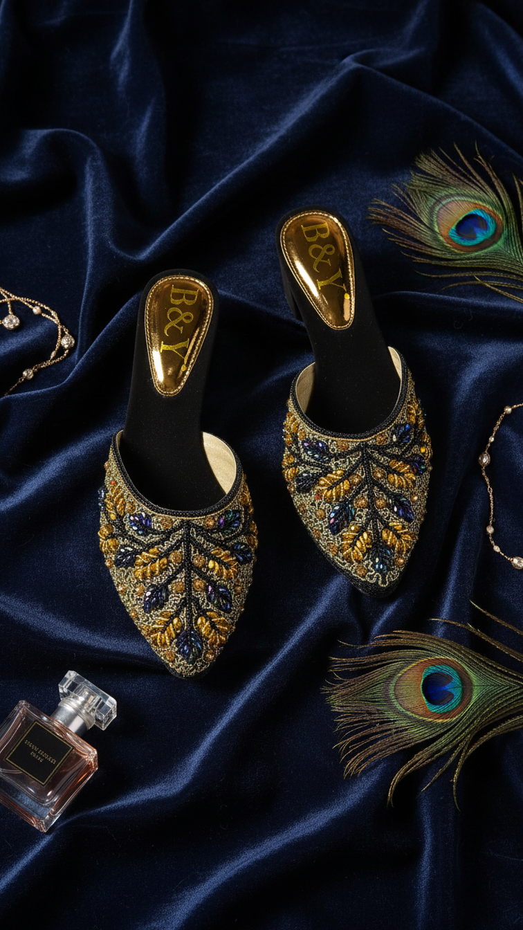 a pair of ornate, gold-embellished mens shoes placed on a dark blue fabric background.