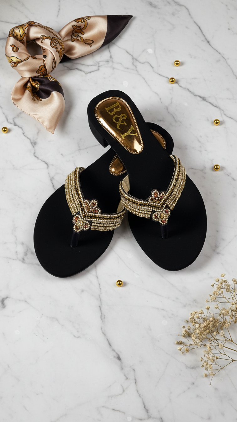 A pair of black, embellished sandals with gold accents and a beaded design, placed on a marble surface alongside a beaded scarf and some small gold balls.