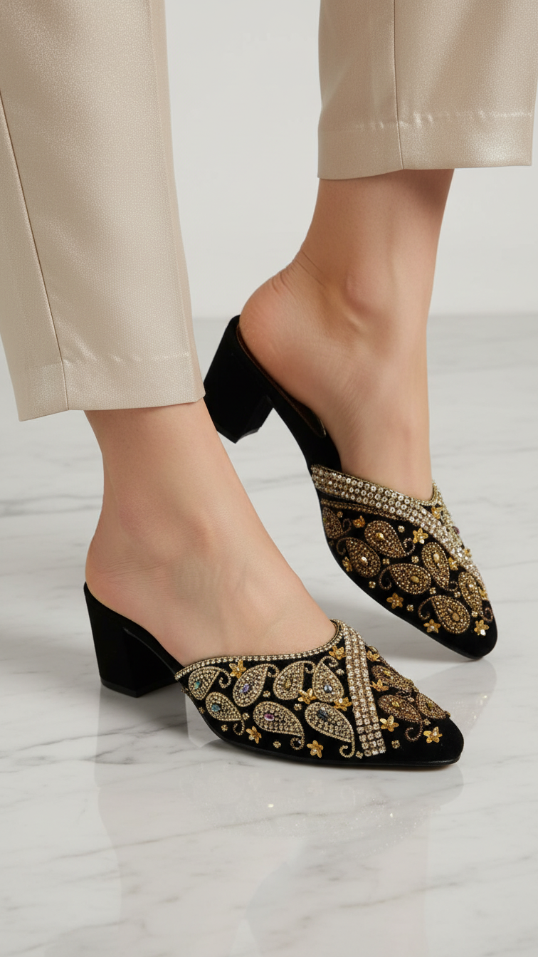 A pair of black and gold embellished mules with intricate designs on the toe and heel.