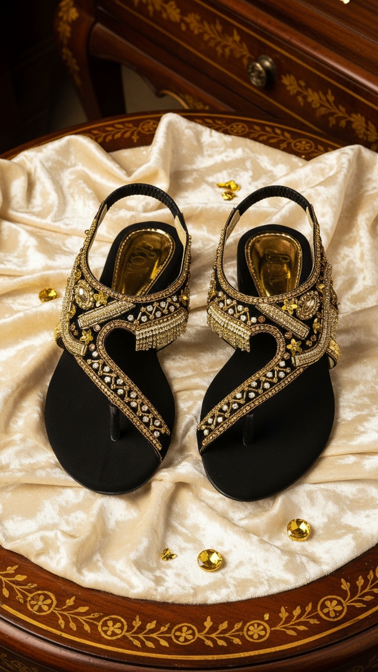 A pair of ornate, gold-embroidered sandals are displayed on a white cloth with gold trim, placed on a wooden table.