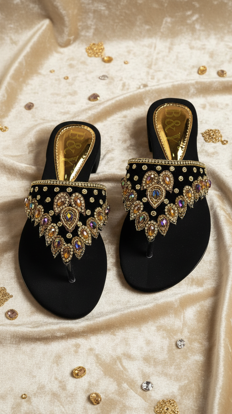 A pair of black sandals with gold embellishments, including rhinestones and floral designs, are displayed on a beige fabric background with scattered gold and silver sequins.