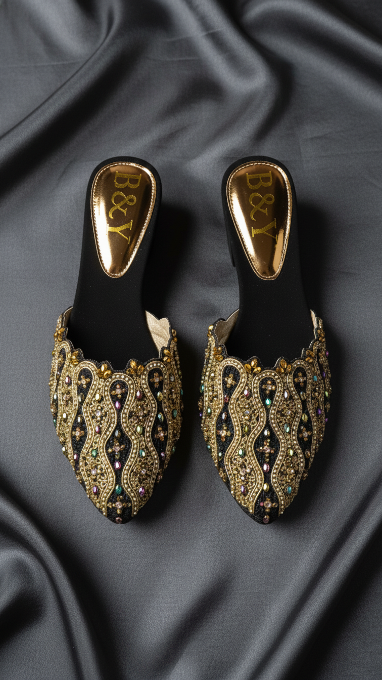 A pair of ornate, gold-colored, and black-colored shoes with intricate designs and embellishments, placed on a gray fabric background.