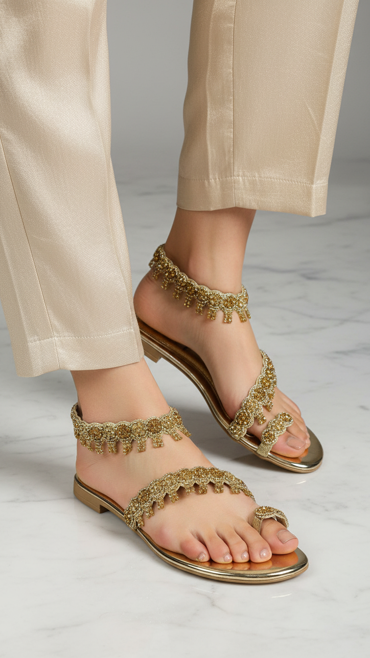 A pair of gold sandals with intricate beaded designs on the toe straps and heels.