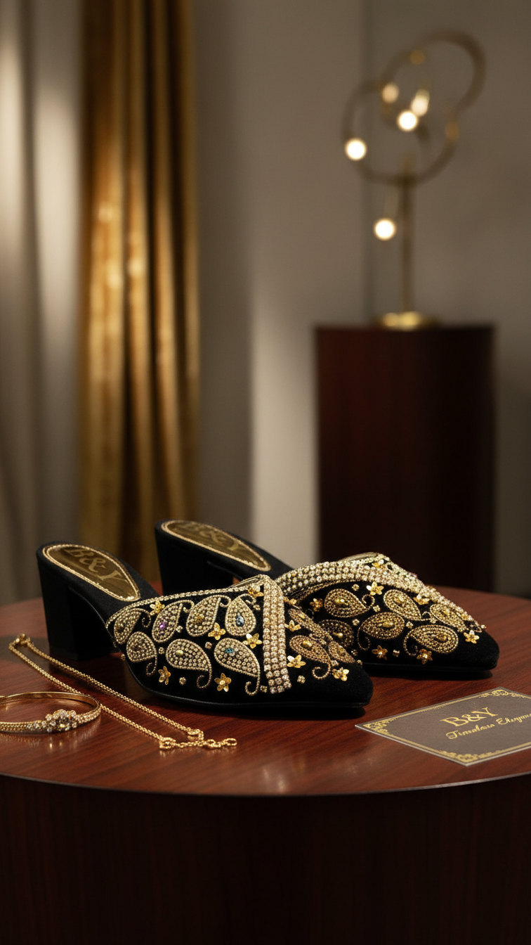 A pair of black, embellished shoes with gold accents and intricate designs, placed on a wooden surface.