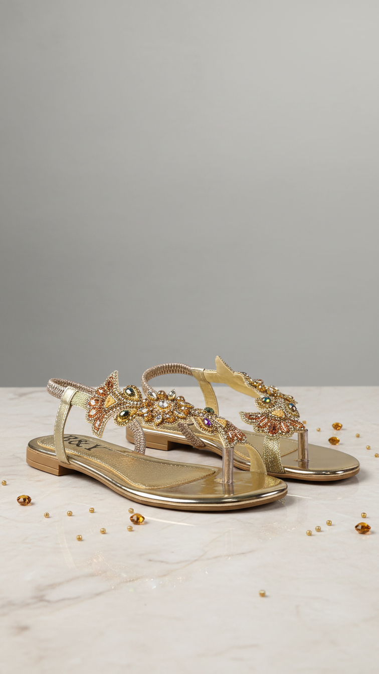 A pair of gold sandals with intricate beaded embellishments, placed on a marble surface with scattered golden beads around them.