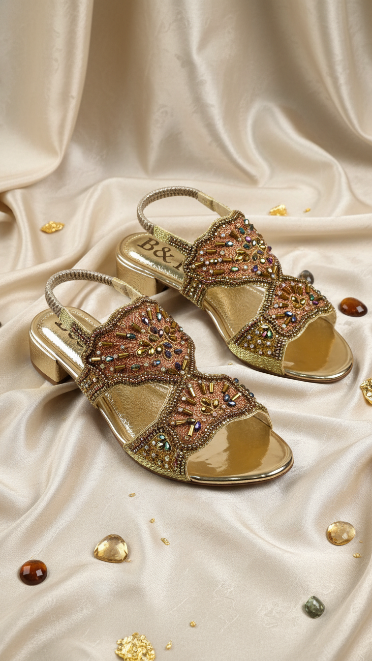 A pair of gold and beige embellished sandals with intricate designs and sparkling rhinestones are displayed on a beige fabric background.