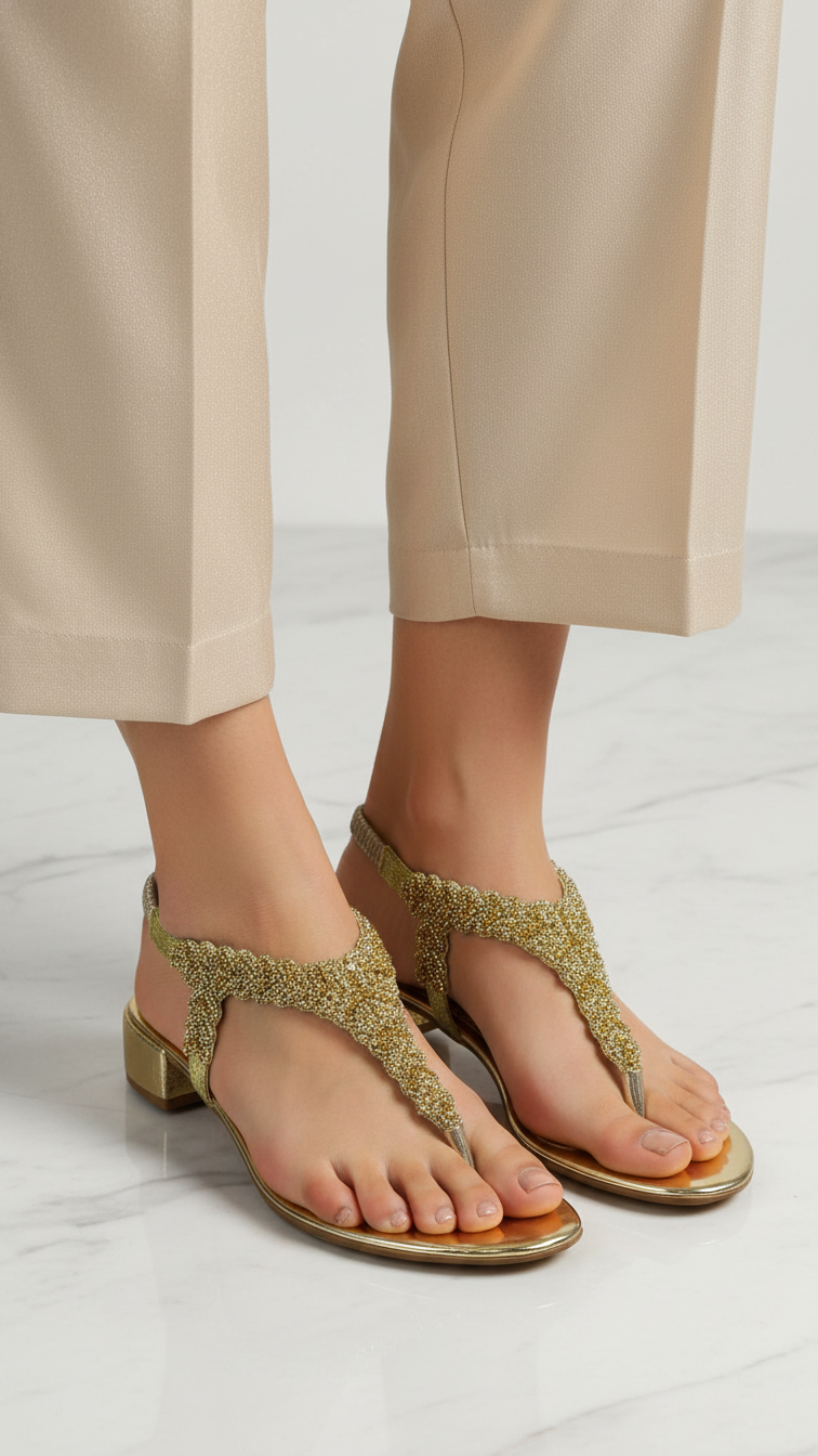 A pair of gold strappy sandals with a metallic, woven design.