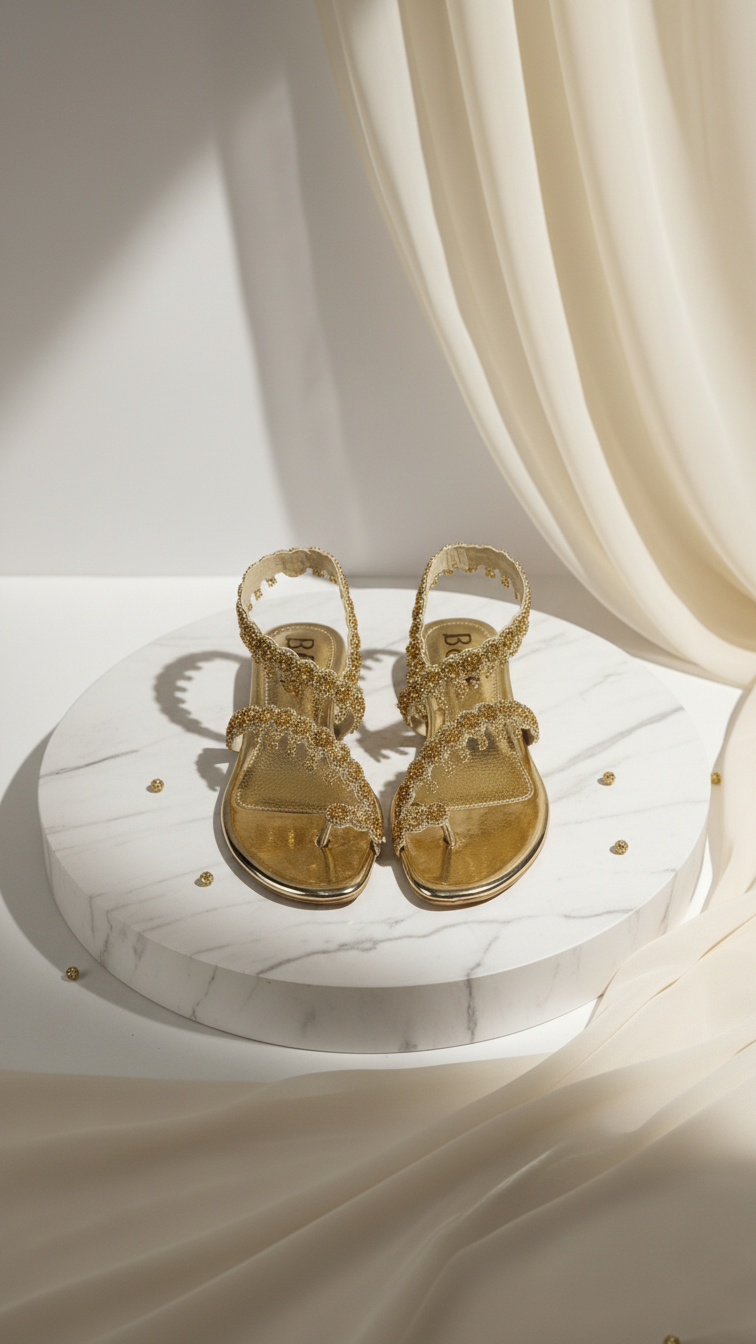 A pair of gold sandals with intricate beading and straps are displayed on a white marble pedestal, with a beige curtain and scattered gold confetti in the background.