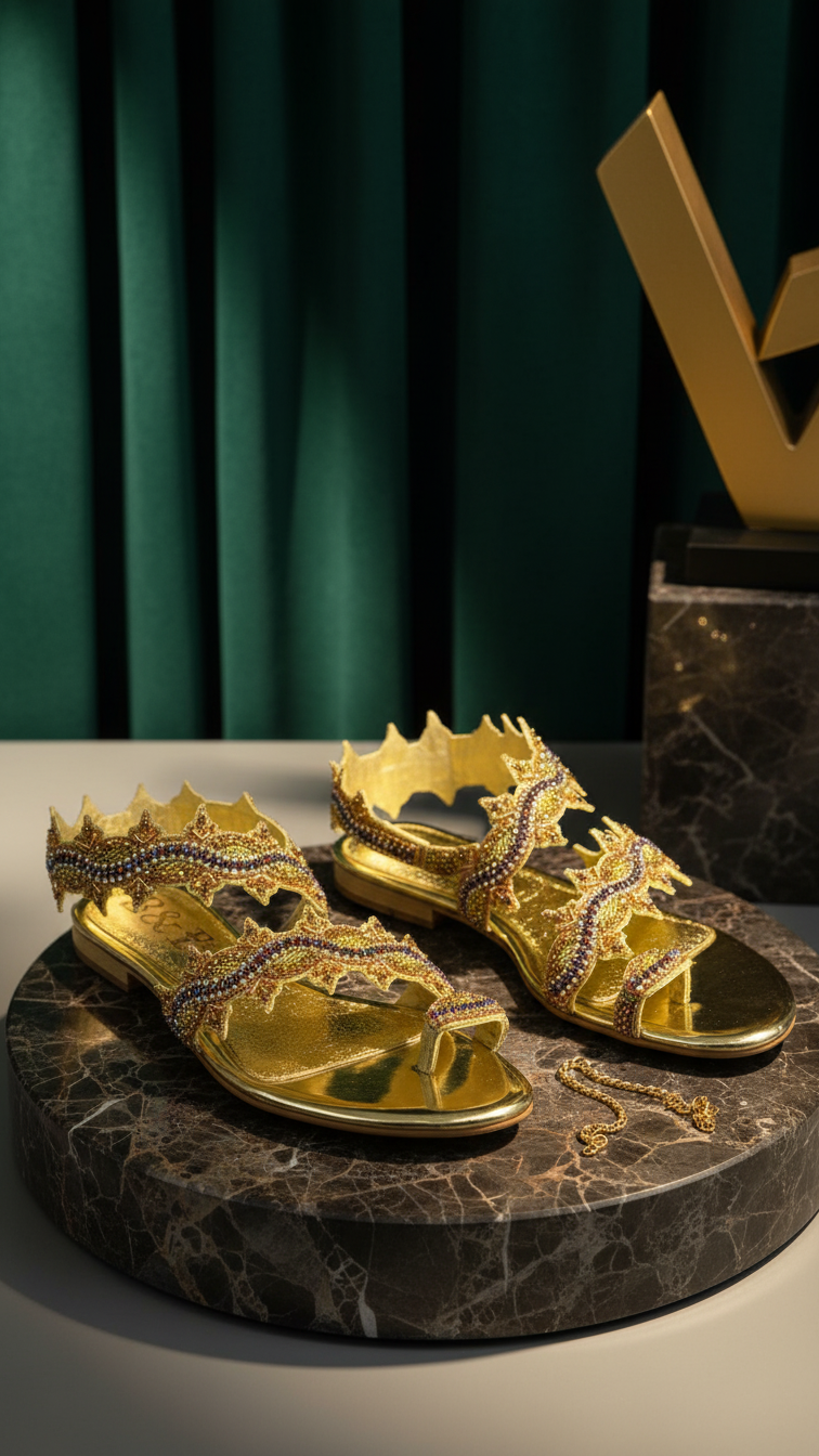 A pair of gold, embellished sandals with intricate designs, displayed on a marble pedestal.