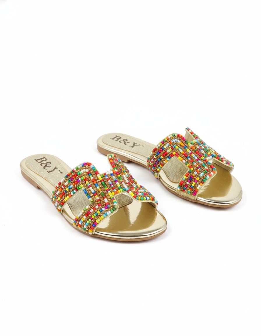 Tamanco 9135 Dourada Colorido Sem Salto