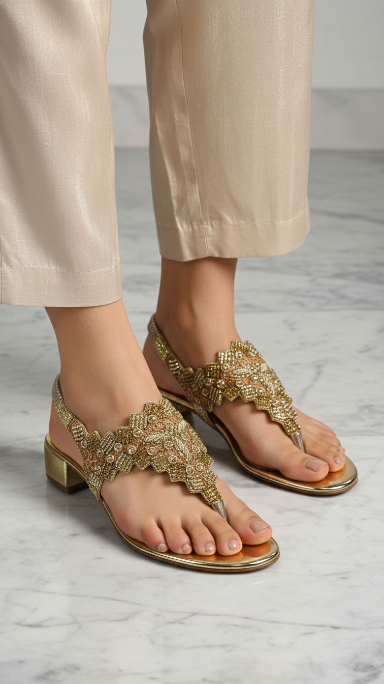 A pair of gold, embellished sandals with a floral design on the toe area.