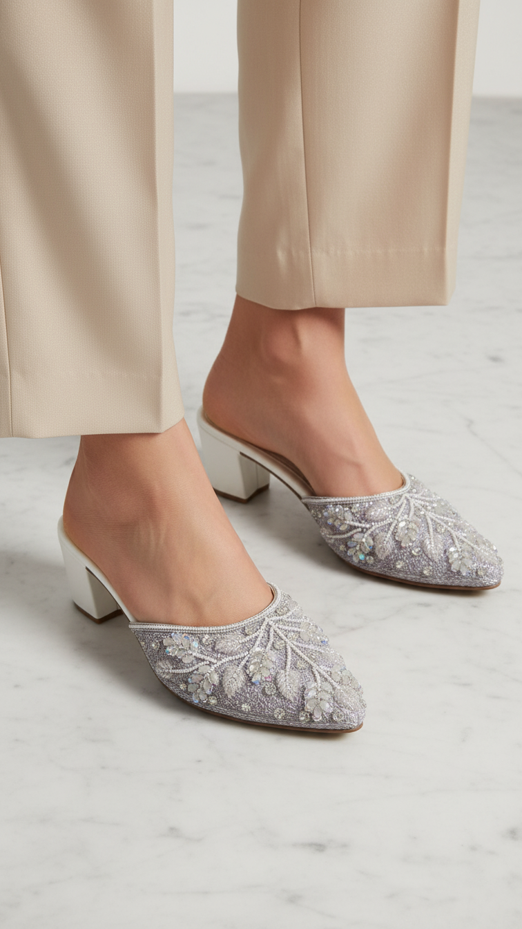 A pair of beige ankle-length pants with white heels featuring a floral pattern.