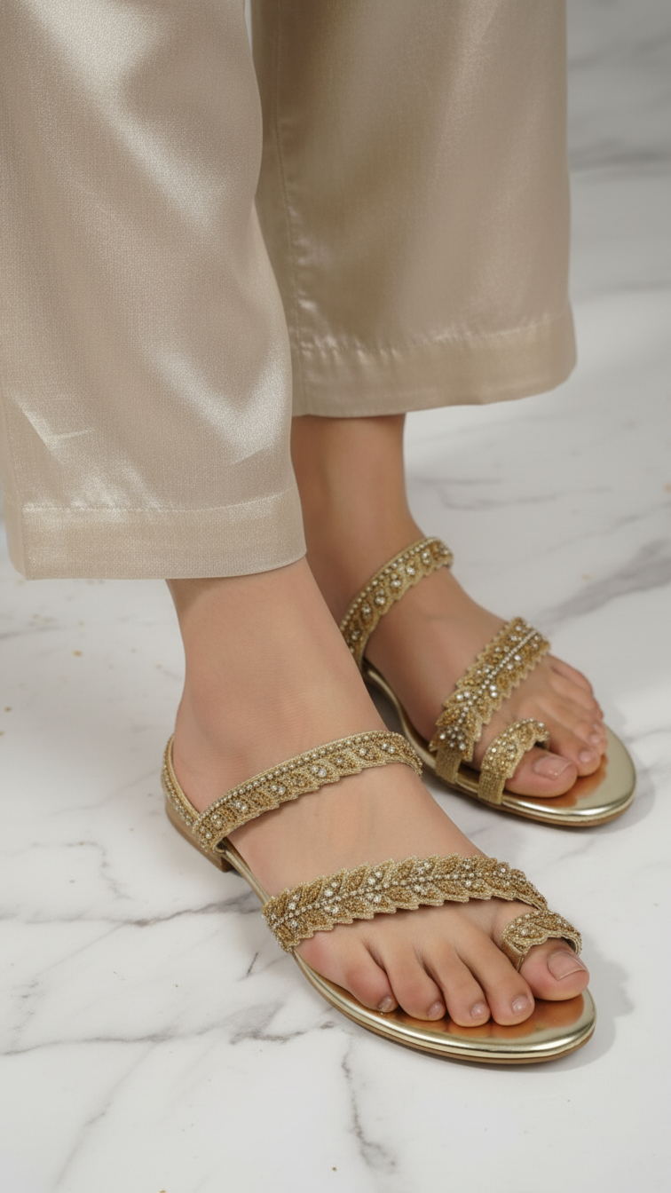 A pair of gold sandals with intricate beaded designs on the straps and soles.