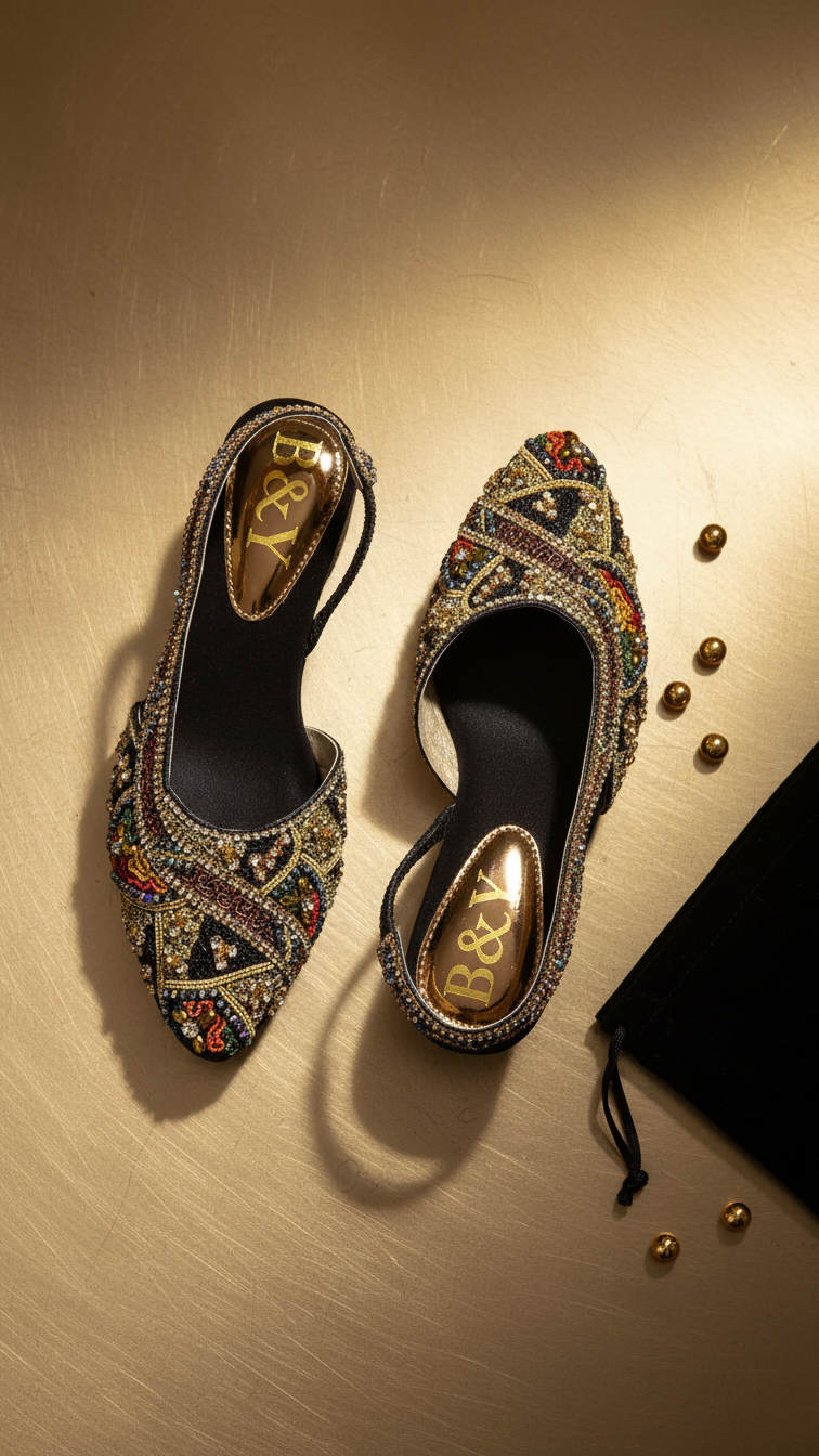 A pair of ornate, bejeweled high-heeled shoes with a gold and black pattern, placed on a beige surface alongside a black bag and scattered gold beads.