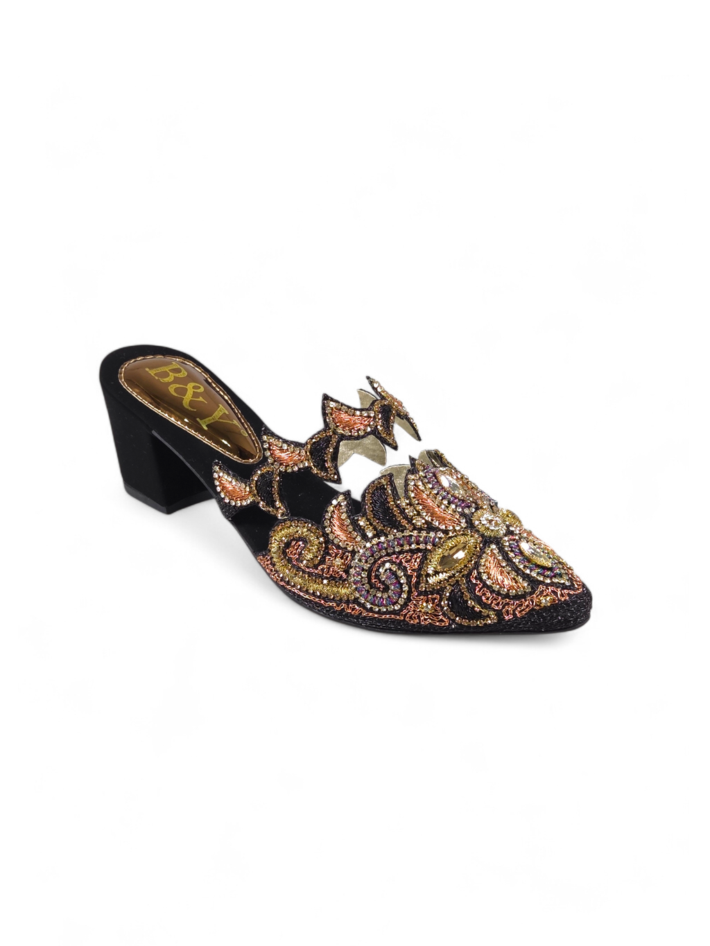 A pair of black, pointed, and embellished mens shoes with gold and black designs.