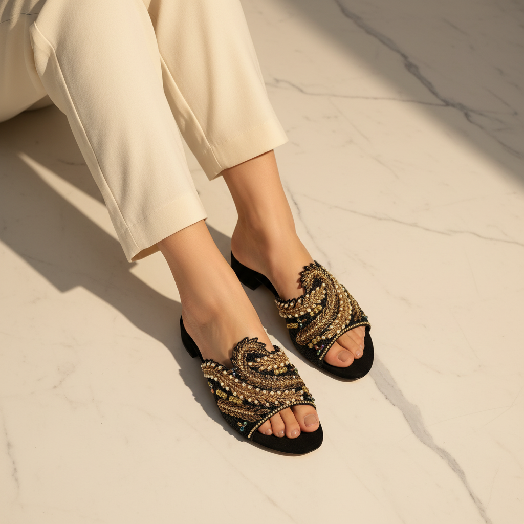Sandália artesanal feminina preta feita à mão com bordados dourados e pedrarias brilhantes.