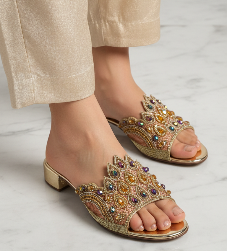 Sandália artesanal dourada com flores bordadas à mão em tons de dourado, âmbar, bronze e pérola, com design em formato de girassol.