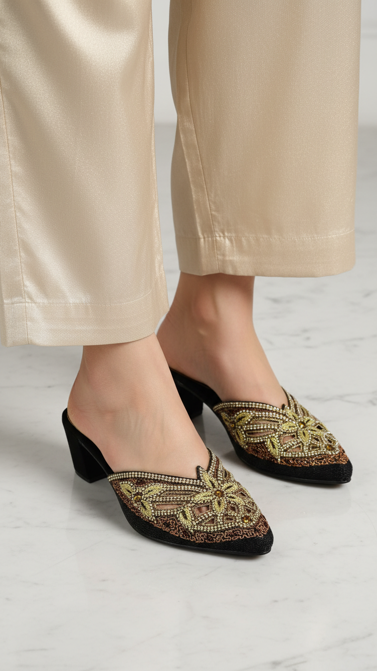 Mule artesanal B&Y preto com bordados manuais em tons dourado, bronze e verde oliva, design floral geométrico, salto médio e acabamento sofisticado.