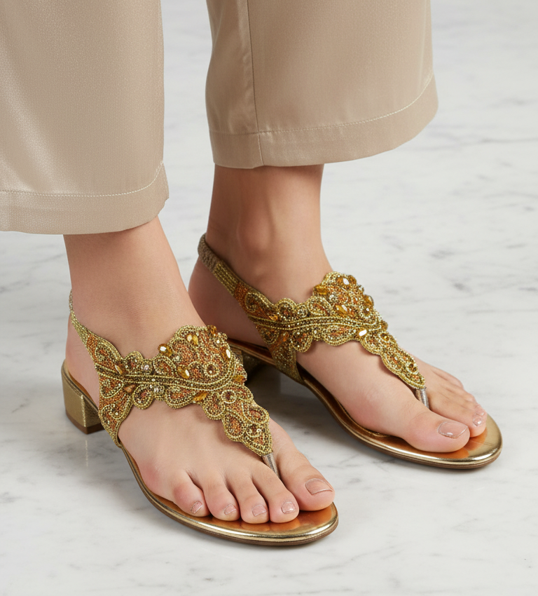 Sandália dourada artesanal B&Y com bordados detalhados e pedras de zircônia.