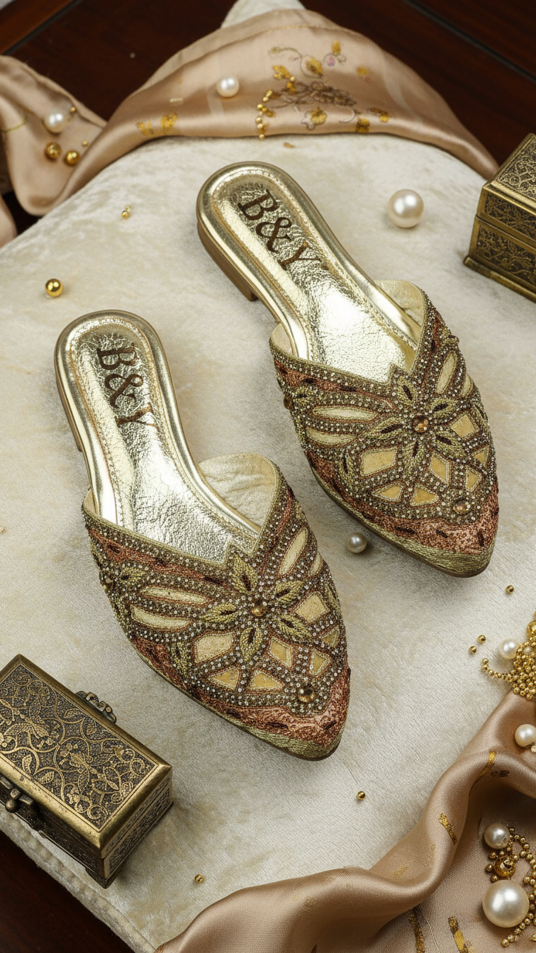 Mule artesanal B&Y com bordados manuais em tons metálicos dourado e bronze, design geométrico floral, salto baixo e acabamento sofisticado, em fundo branco.