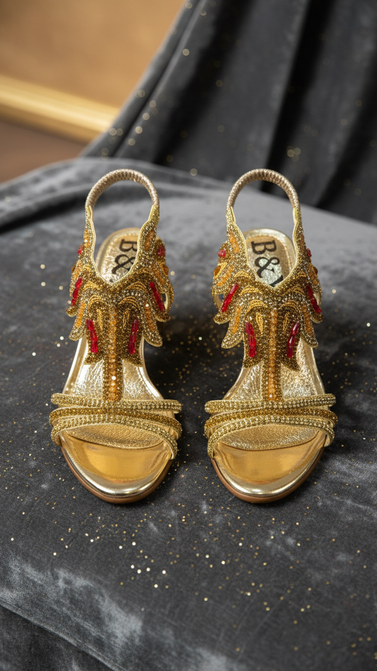 Sandália artesanal B&Y dourada com bordados manuais, cristais e pedrarias em tons de dourado e vermelho, salto médio e acabamento sofisticado, em fundo branco.