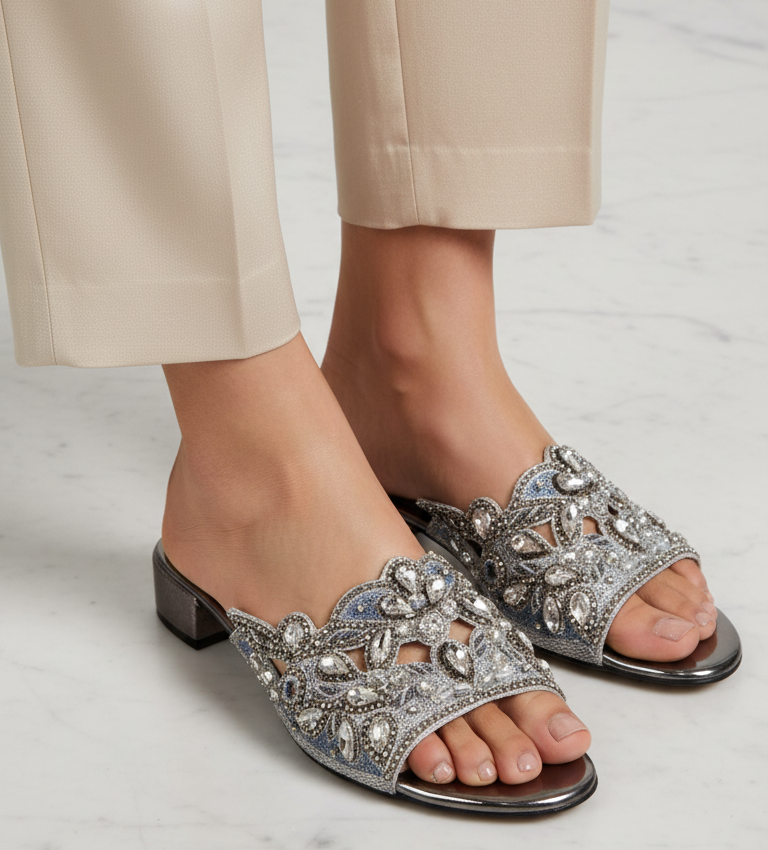 Sandália artesanal feminina prateada feita à mão com bordado floral de pedrarias e cristais.