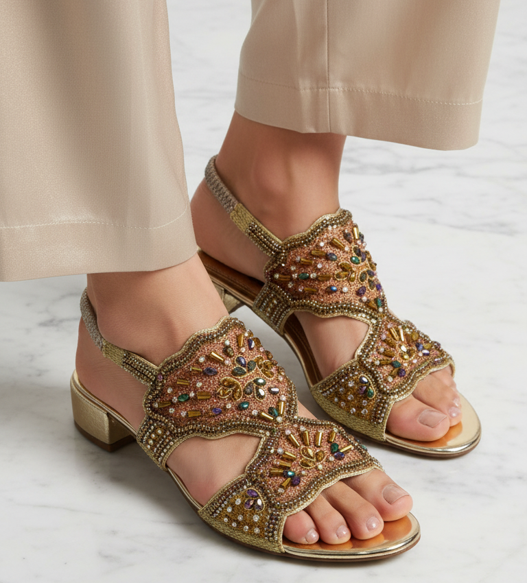 Sandália artesanal dourada bordada à mão com pedrarias coloridas em dourado, azul-marinho, verde, cobre, lilás e âmbar, com salto baixo espelhado.