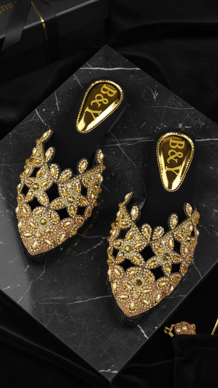 Mule artesanal B&Y preto com design vazado e bordados manuais em pedrarias douradas, acabamento sofisticado e salto baixo.