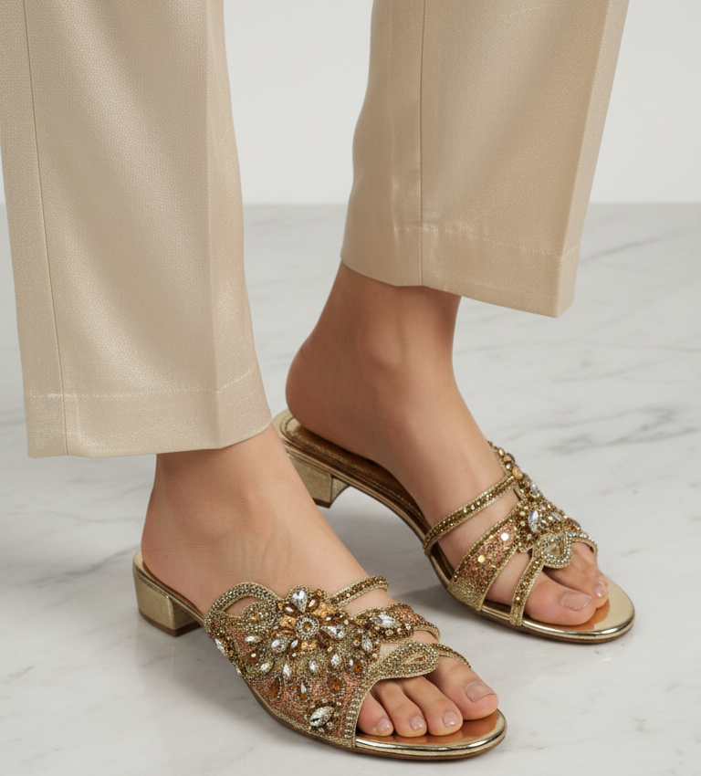 Sandália artesanal dourada com pedrarias florais em tons de dourado, champagne, bronze e prata, feita à mão com salto baixo espelhado.