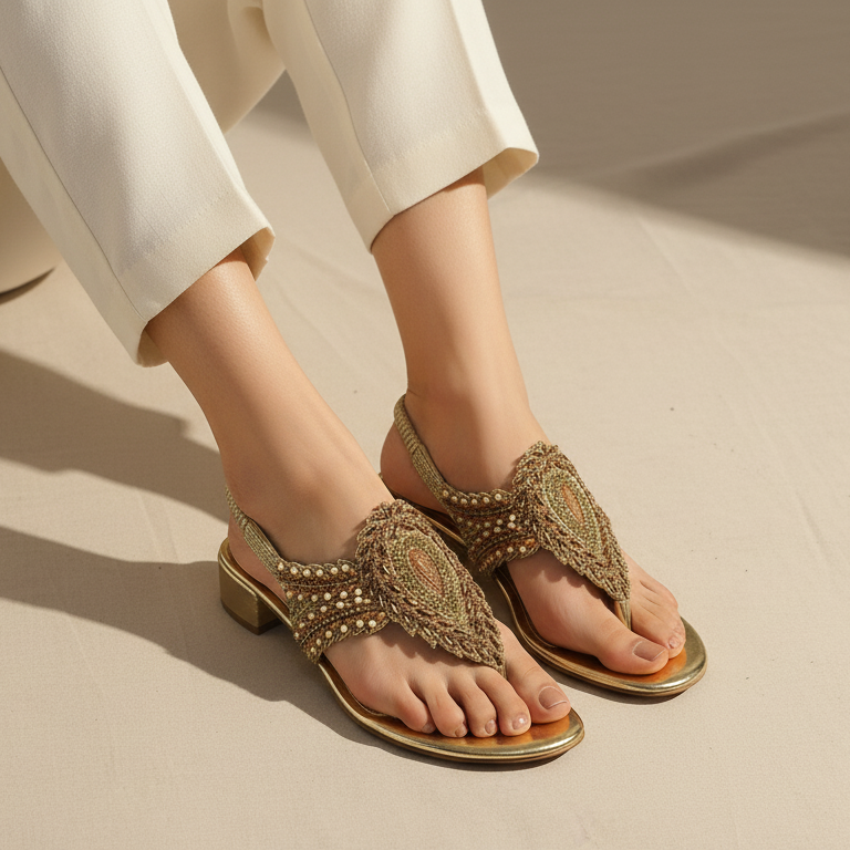 Sandália artesanal feminina dourada feita à mão com bordado de pedrarias e fios metálicos.