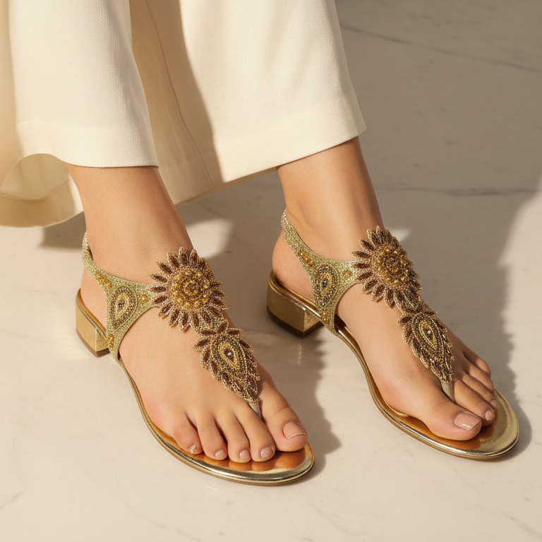 Sandália artesanal dourada com flores bordadas à mão em tons de dourado, âmbar, bronze e pérola, com design em formato de girassol.