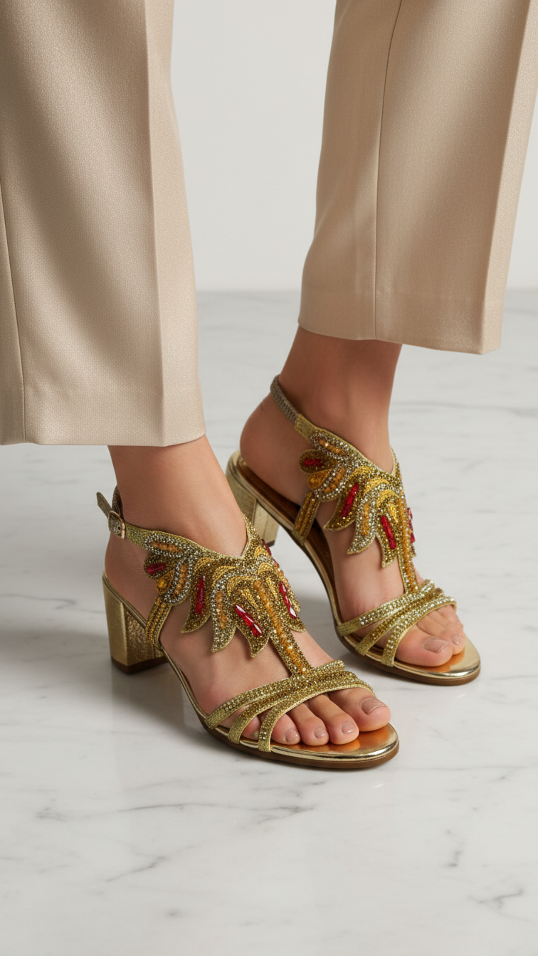 Sandália artesanal B&Y dourada com bordados manuais, cristais e pedrarias em tons de dourado e vermelho, salto médio e acabamento sofisticado, em fundo branco.