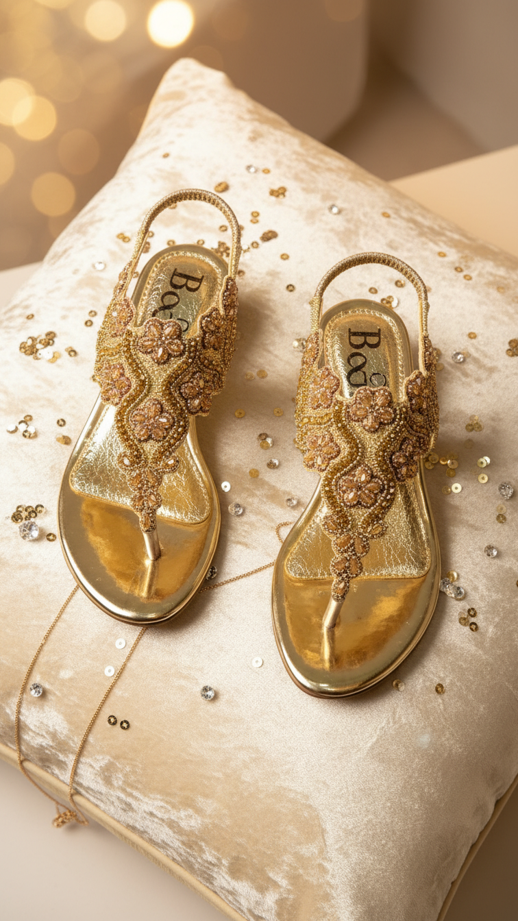 Sandália artesanal B&Y dourada com bordados florais detalhados, pedrarias em tons de champagne e dourado, salto baixo e acabamento sofisticado.