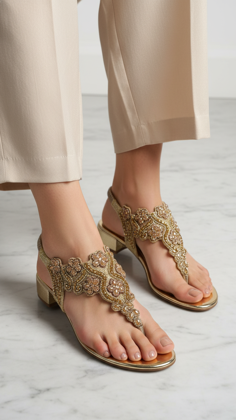 Sandália artesanal B&Y dourada com bordados florais detalhados, pedrarias em tons de champagne e dourado, salto baixo e acabamento sofisticado.