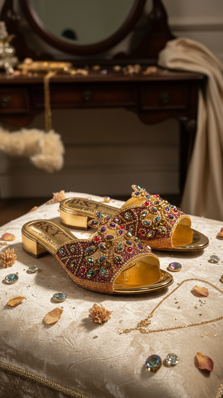 A pair of ornate, gold-colored sandals with colorful gemstone embellishments are displayed on a white cushion, surrounded by various jewelry pieces.