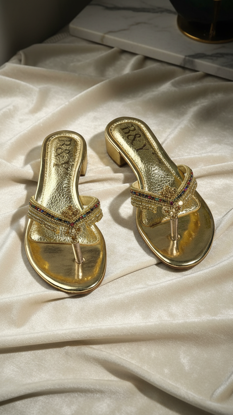 A pair of gold-colored, embellished sandals with rhinestones or crystals on the toe and heel, placed on a white fabric surface.