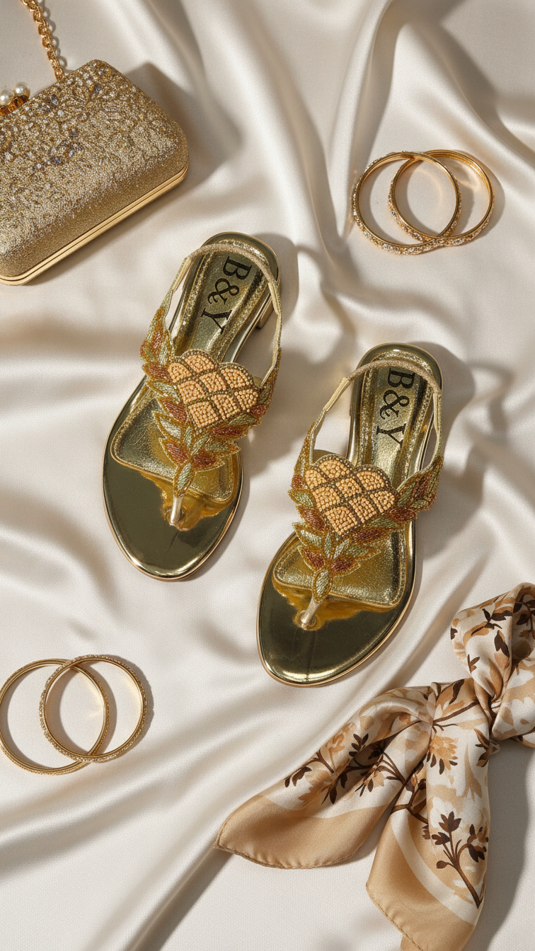 a pair of gold sandals, a gold clutch, and various gold jewelry items arranged on a white background.