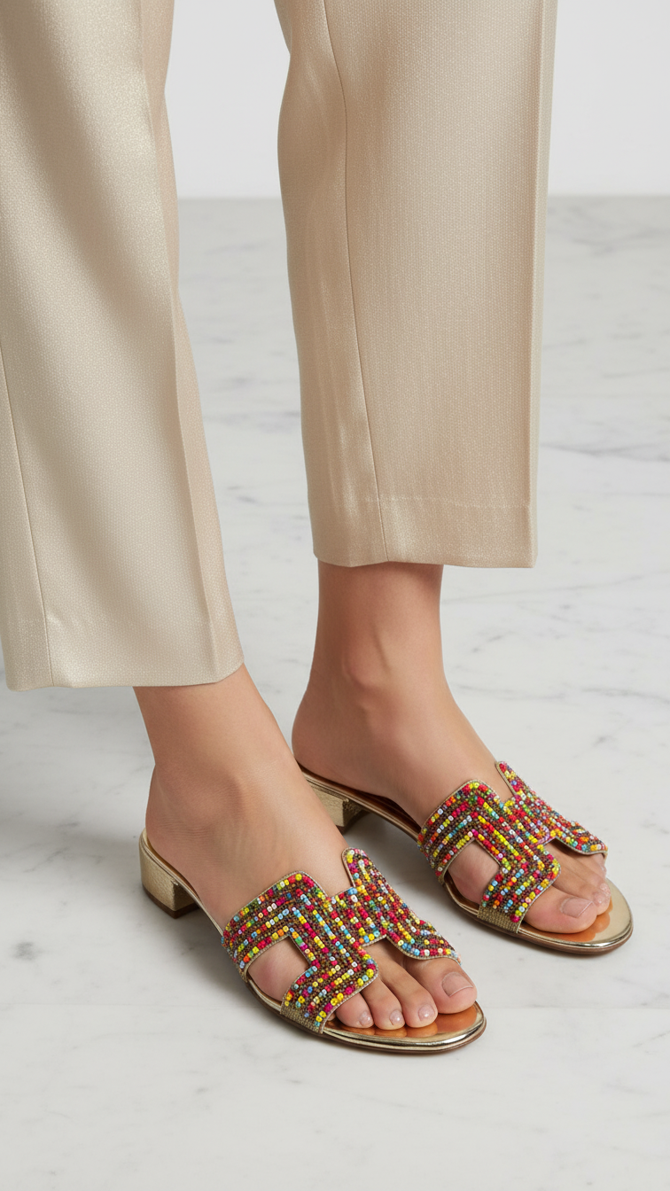 A pair of beige pants and colorful, patterned sandals are shown on a marble floor.