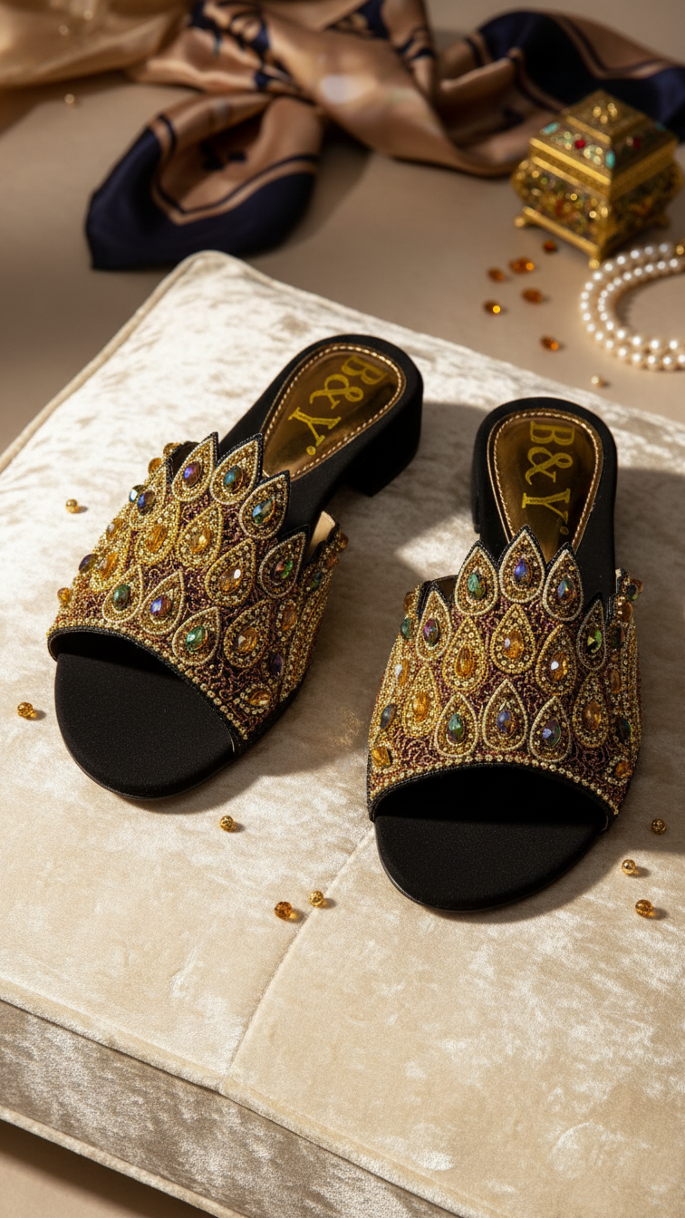 A pair of ornate, gold-colored sandals with intricate beading and embellishments are displayed on a white cushion, surrounded by pearls and jewelry.