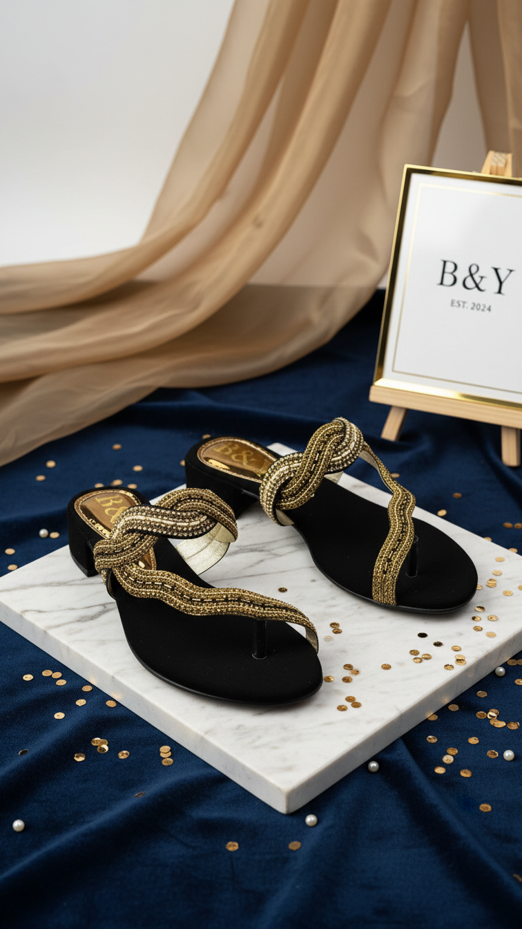 A pair of black and gold beaded sandals is displayed on a white marble pedestal, with scattered gold confetti around them. In the background, there is a framed sign with the text "B&Y EST 2014".