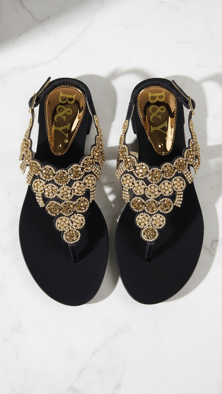 A pair of black sandals with gold rhinestones and a metallic buckle design.