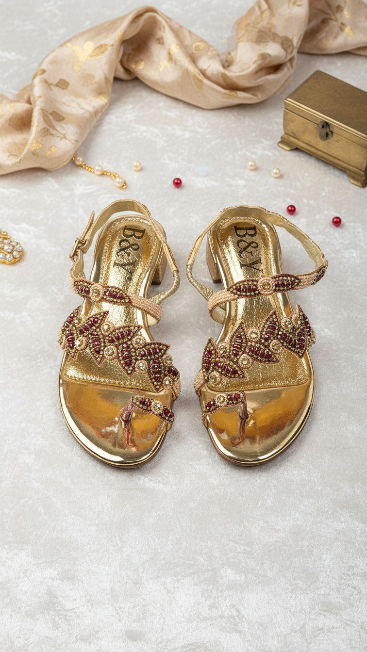 A pair of gold and red embellished sandals with intricate designs, placed on a white surface alongside various accessories such as pearls, beads, and a small box.