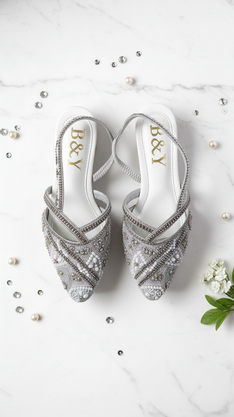 A pair of silver and white embellished shoes with the text "B&Y" on the side, placed on a white marble surface with scattered pearls and a small white flower.