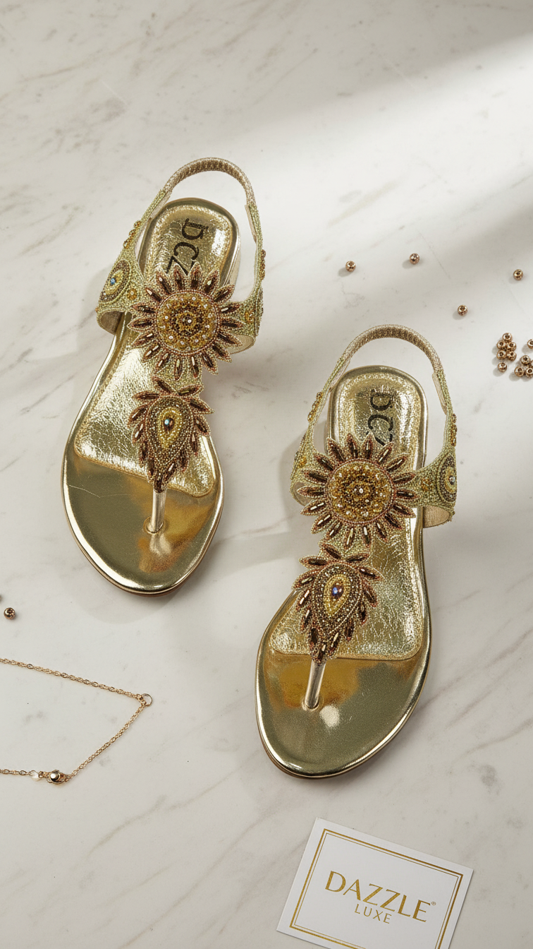 A pair of gold sandals with intricate floral embellishments, placed on a white marble surface.