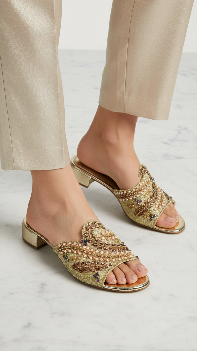 A pair of gold-colored sandals with intricate beaded and embroidered designs on the toe and heel.