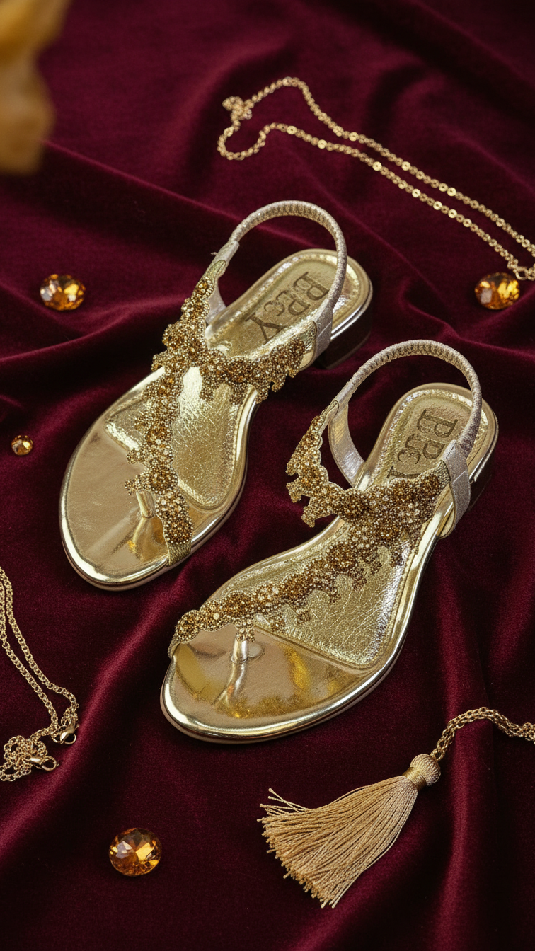 A pair of gold sandals with intricate beaded embellishments, placed on a burgundy fabric background with gold jewelry and a tassel.